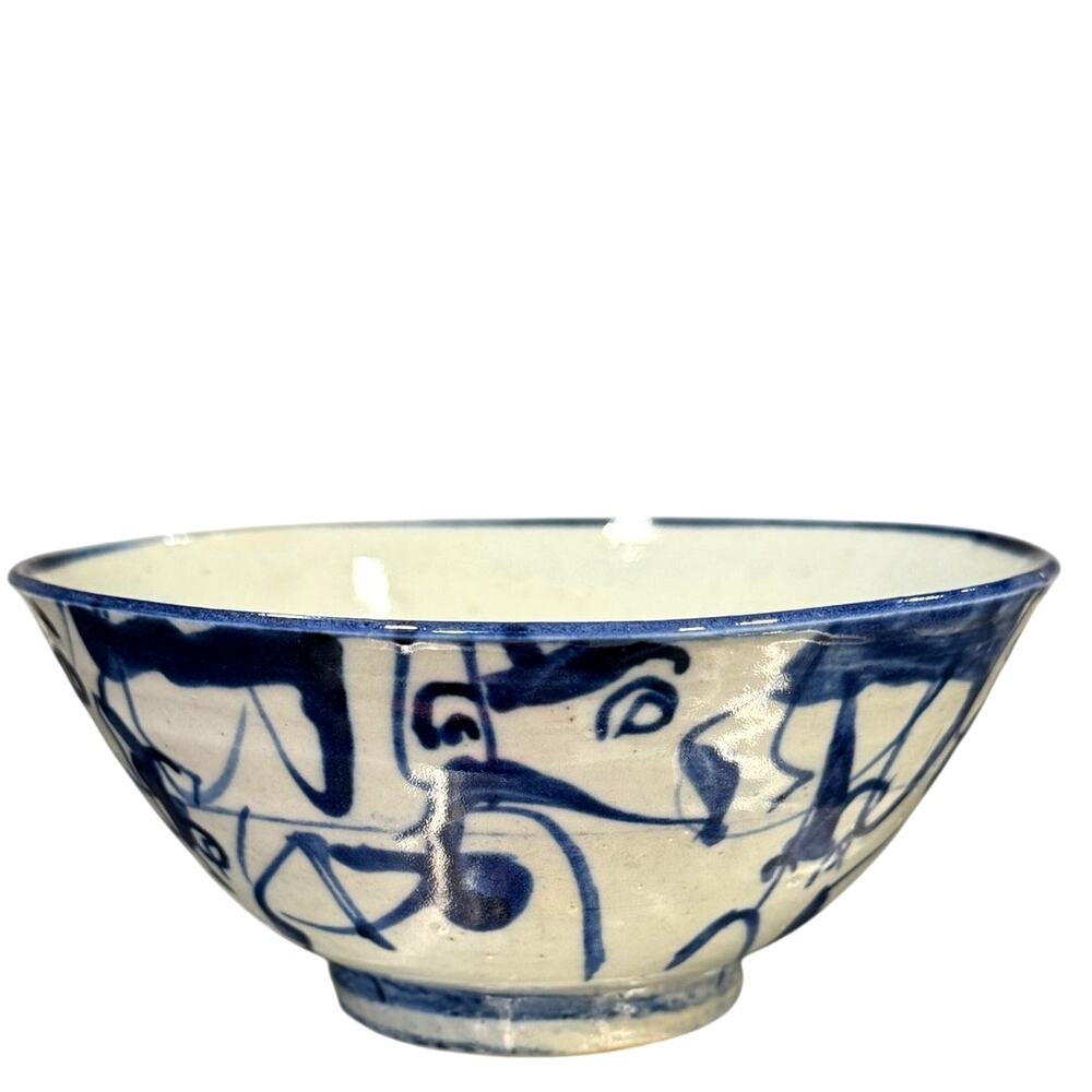 Japanese Studio Pottery Blue White Chawan Rice Bowl Signed Hand Painted 5.5" - Picture 3 of 4
